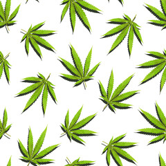 Seamless vector pattern with cannabis leaves on white background. Marijuana background.