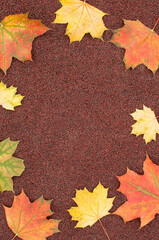 autumn brown background with red and yellow maple leaves on the edges of the frame with space for text in vertical format