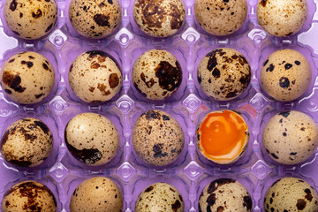 top view of quail eggs in plastic packaging