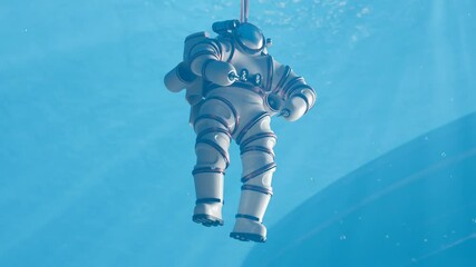 Diver in a high tech exosuit in a deep sea. Underwater discovering. Submarine.
