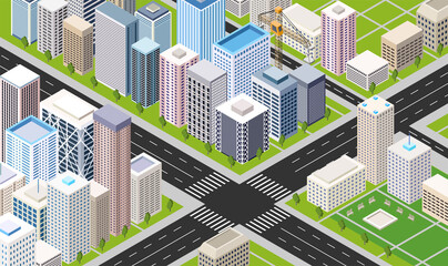 Isometric urban street buildings vector illustration