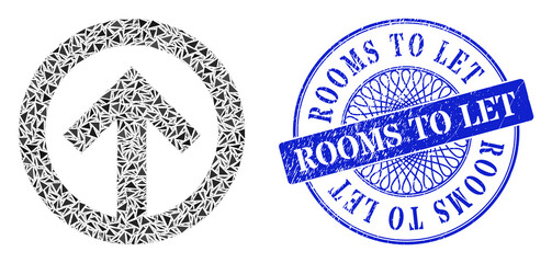 Direction up collage of triangle parts, and Rooms to Let textured stamp seal. Blue stamp seal has Rooms to Let text inside round shape.