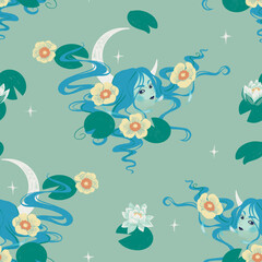 Seamless pattern with lake plants and mermaid