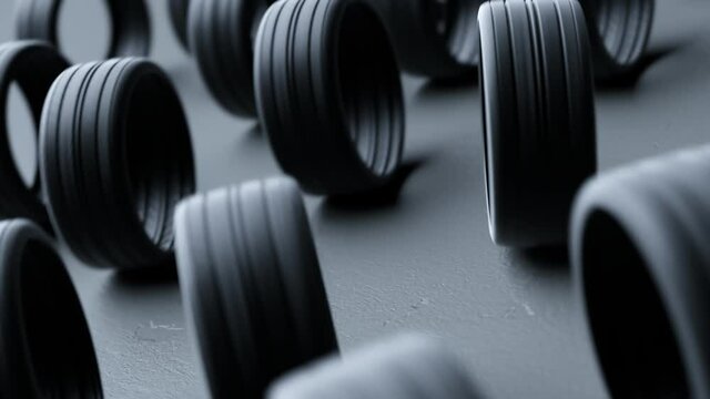 Endless animation with rolling car wheels. Black rubber tires moving around.