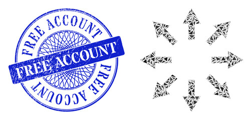 Radial arrows mosaic of triangle items, and Free Account grunge seal. Blue seal includes Free Account title inside round form. Vector radial arrows mosaic is formed of randomized triangle items.