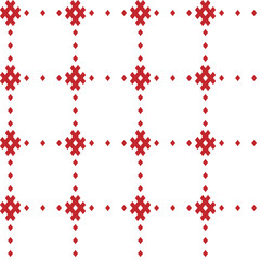 Obraz premium Simple abstract geometric seamless pattern. Ethnic embroidery ornament. Red on white backgrounds, crosses and dots, rectangular grid. For textile design