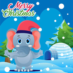 Happy cute elephant Merry christmas and happy new year in christmas ball on landscape background 