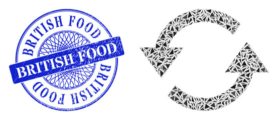 Refresh arrows mosaic of triangle parts, and British Food unclean seal. Blue seal contains British Food tag inside round form. Vector refresh arrows mosaic is composed with different triangle parts.