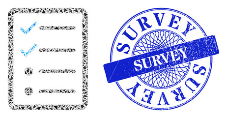 Checklist page collage of triangle particles, and Survey dirty seal print. Blue seal has Survey tag inside round shape. Vector checklist page collage is created of random triangle dots.