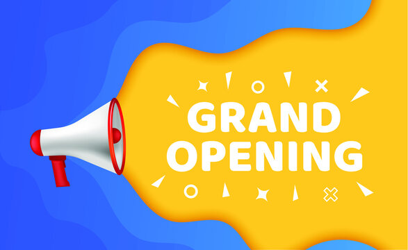 Vector Illustration Grand Opening With Megaphone. Modern Web Banner Colourful Speech Bubble, Advertising And Marketing Sticker