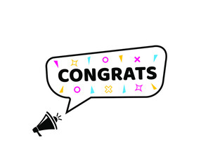 Vector Illustration Congrats With Megaphone. Modern Web Colourful Banner Speech Bubble, Advertising And Marketing Sticker