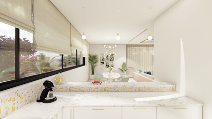 modern kitchen, interior design 3d rendering, 3d illustration