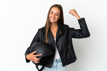 Woman with a motorcycle helmet over isolated white background doing strong gesture