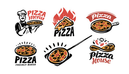 Pizza logo set. Emblems or restaurant menu, pizzeria, cafe. Vector illustration - obrazy, fototapety, plakaty