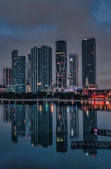 city skyline at night miami downtown Florida skyscrapers sea reflection water beautiful 