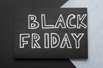 Card with words Black Friday on color background, top view