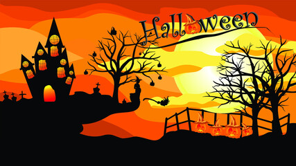 halloween landscape with pumpkin, halloween celebration october 31 with witch and devil pumpkin
