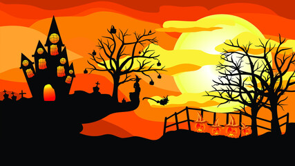 halloween background with tree and pumpkins, silhouette with halloween and witch day theme, halloween celebration background with witch and pumpkin