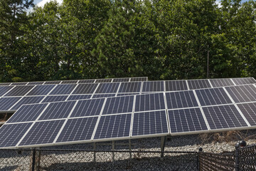 Close up Rows of Solar panels behind a fence