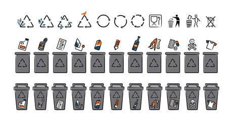Set of recycle icons and trash containers. Recycling symbols. collection, segregation and recycling, garbage separated into different types and collected into waste containers.