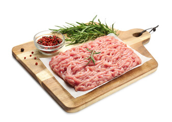 Raw chicken minced meat with spices and rosemary on white background