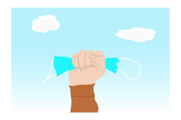 End of coronavirus pandemic. Man holding used medical mask on clear sky background. End of coronavirus pandemic and back to normal life again. Copy space. Coronavirus stop concept, after COVID-19.