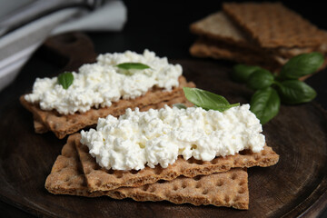 Crispy crackers with cottage cheese and basil on board, closeup