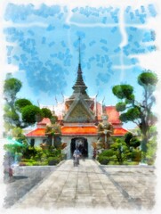 Ancient architecture of Thailand watercolor style illustration impressionist painting.