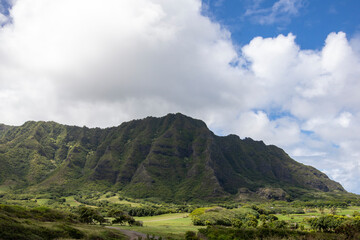 Green mountains with blue cloudy sky. Hawaii