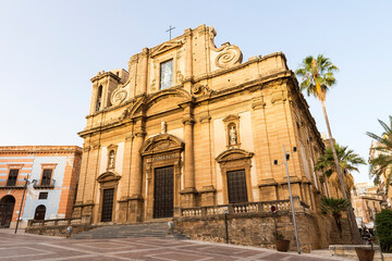 Panoramic Sights of Cathedral of Sciacca (Basilica di Maria Santissima del Soccorso) in Sciacca, Province of Agrigento, Sicily, Italy. - obrazy, fototapety, plakaty