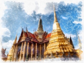 Fototapeta premium Ancient architecture of Thailand watercolor style illustration impressionist painting.