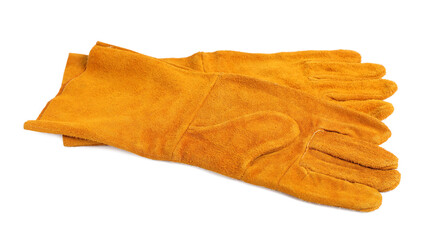 Orange protective gloves on white background. Safety equipment