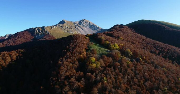 Fall aerial shots over the beech forest at Monte Terminillo, in the central Italy. The beautiful landscape of the rocky mountain and its forest coloured by the warm tones of the fall season.