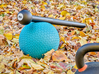 steel mace, slam ball and kettlebell in a backyard covered by colorful dried leaves, home exercise...