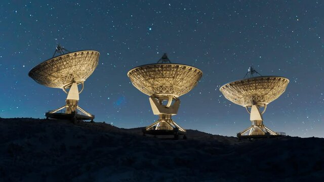 Amazing night sky landscape with satellite dish silhouette. Space observatory.