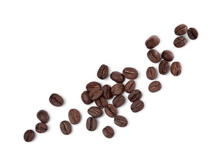 Fototapeta premium Roasted coffee beans on white background, top view