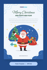 Flat Illustration, Poster Template with santa claus, christmas tree and gifts