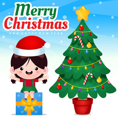 Girl Sitting On Gift Box Celebrating Christmas And New Year