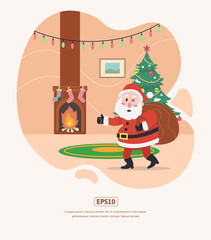 Flat Illustration, santa claus, christmas tree and gifts