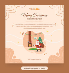 Flat Illustration, Post Template with santa claus, christmas tree and gifts