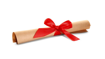 Rolled student's diploma with red ribbon isolated on white