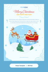 Flat Illustration, Poster Template with santa claus, reindeer and gifts