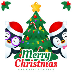 Two Cute Penguins Celebrating Christmas And New Year