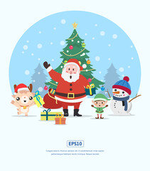 Flat Illustration Christmas Santa Claus, elf deer, and snowman