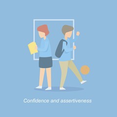 Develop Self Confidence and assertiveness training in child,Girls read books and boys play sports,Experience framework and challenges,Vector illustration.