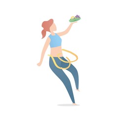 Diet for weight loss and exercise,Healthy food eating,fruits and vegetables,Calorie control and nutrition,beautiful young women shape slim and tape measure,Vector illustration.