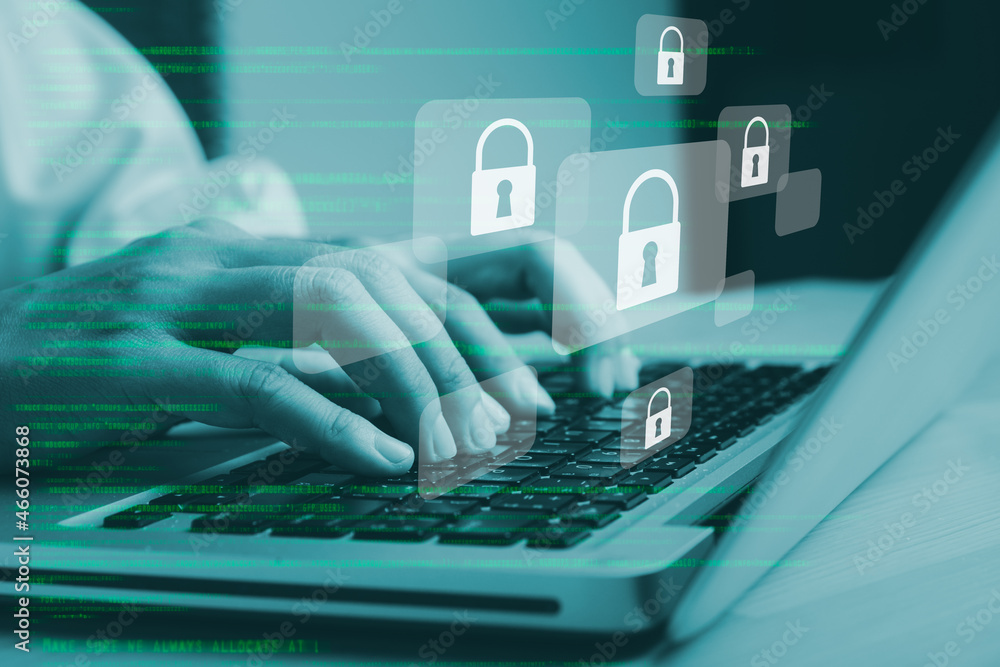 Poster business woman hand using computer with padlock security interface to protect data, internet network