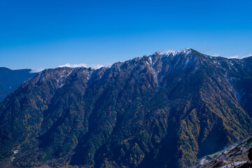 Fototapeta premium 霞沢岳、乗鞍岳、上高地、穂高岳などを見るために、長野県松本市の晩秋の雪が積もる焼岳を登山する風景 Scenery of climbing Mt. Yakedake with snow in late autumn in Matsumoto, Nagano Prefecture to see Mt. Kasumisawa, Mt. Norikura, Kamikochi and Mt. Hodaka