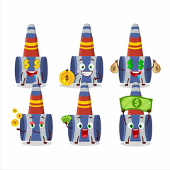 Blue party blower cartoon character with cute emoticon bring money