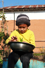 cute boy checking green leafy vegetable by sitting on steal drum on garden during beautiful fresh morning. 